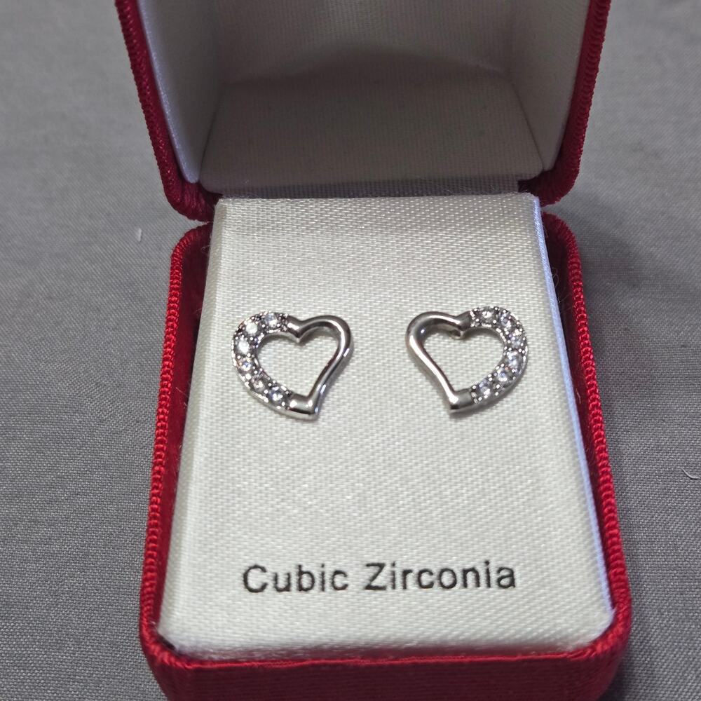 Cubic Zirconia Open Heart Stud Earrings Silver Tone